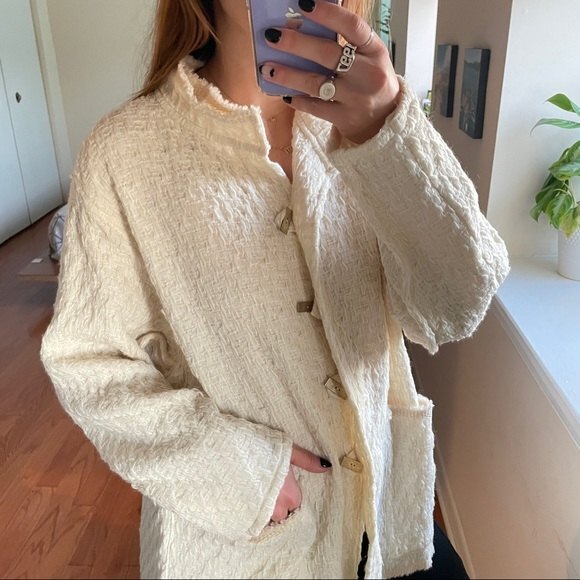 Michel Leger Brocade Collared Toggle Button-Down Sweater Cream - Picture 2 of 8